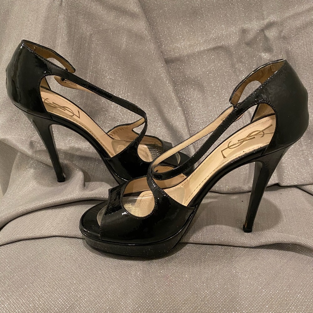 Yves Saint Laurent Black Patent Leather Peep-Toe Heels - Picture 5 of 7